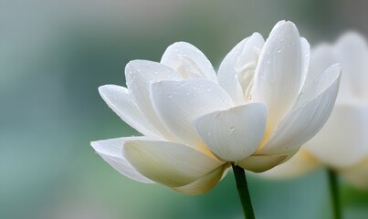 Focus on the petals of a blooming white lotus. Generative AI