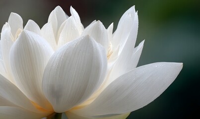 Focus on the petals of a blooming white lotus. Generative AI