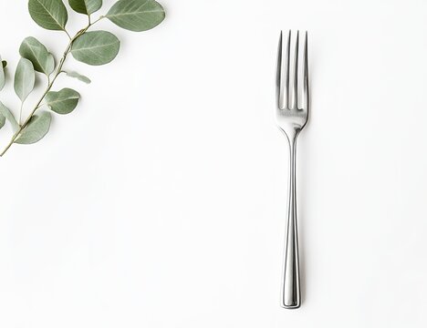 A single silver fork on a white surface, beside a sprig of eucalyptus