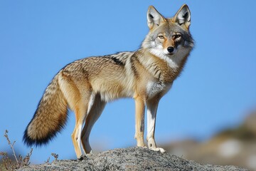 Wild coyote standing alert on rocky terrain against clear blue sky