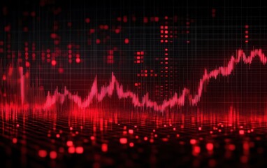 Dynamic red digital data visualization with fluctuating line graph and scattered glowing dots on dark grid background