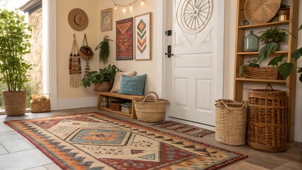 Entryway with patterned rug and bohemian decor elements inside