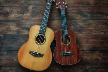 Fototapeta premium Two acoustic string instruments lying on a dark wooden surface, one with a light wood body and the other with a dark wood body