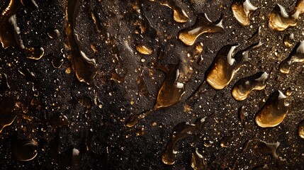 Golden droplets cascade on a textured dark canvas, creating an alluring abstract design