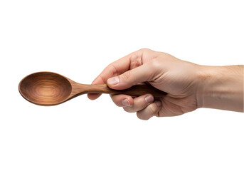 Hand Holding Wooden Spoon Rustic Kitchen Utensil isolated on transparent background