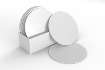 3D Round drink or beer coaster mockup with holder, isolated on background. Protection bierdeckel for beer glasses, bottle, can, cup holder. Empty bottle coaster lying template for beverage branding