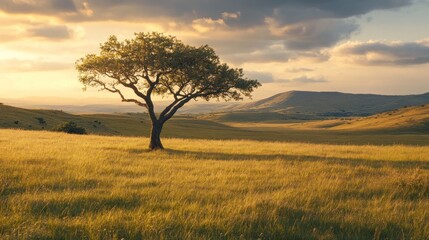 Fototapeta premium Lone tree in golden field basking in the soft light of the setting sun