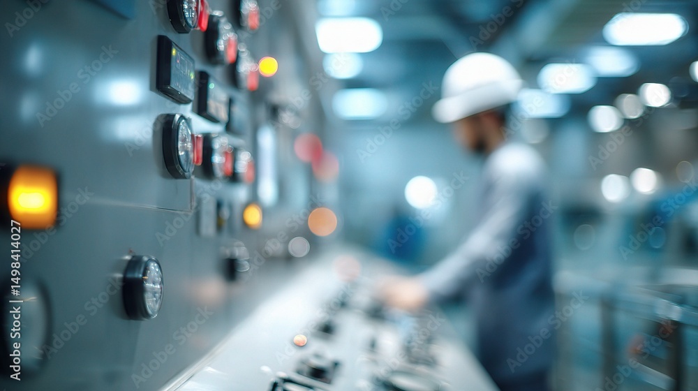 Poster engineer checking turbine controls in blurry control room environment