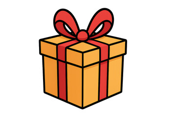 Obraz premium Cartoon illustration of a golden gift box wrapped with a red ribbon, isolated on a transparent background