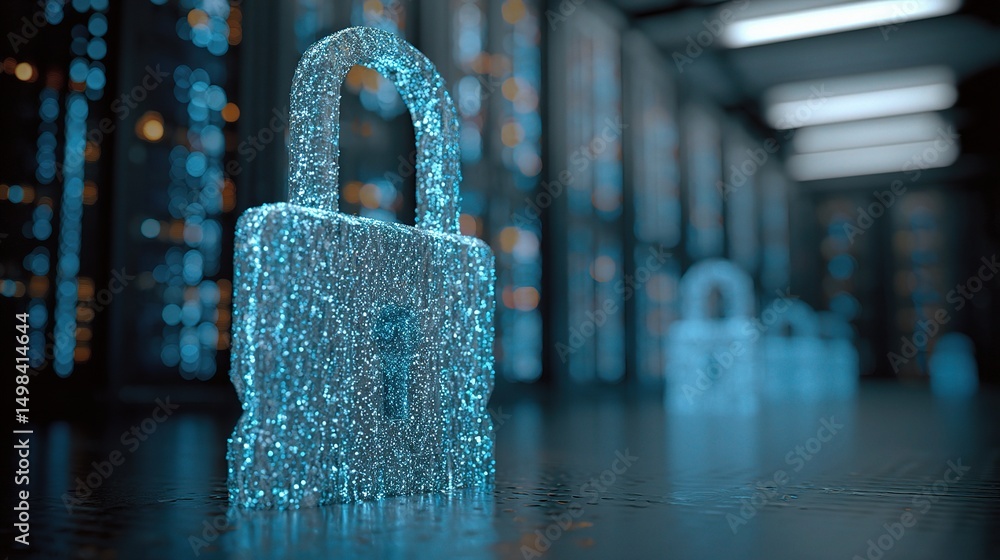 Poster digital padlock symbolizing cybersecurity in virtual environment