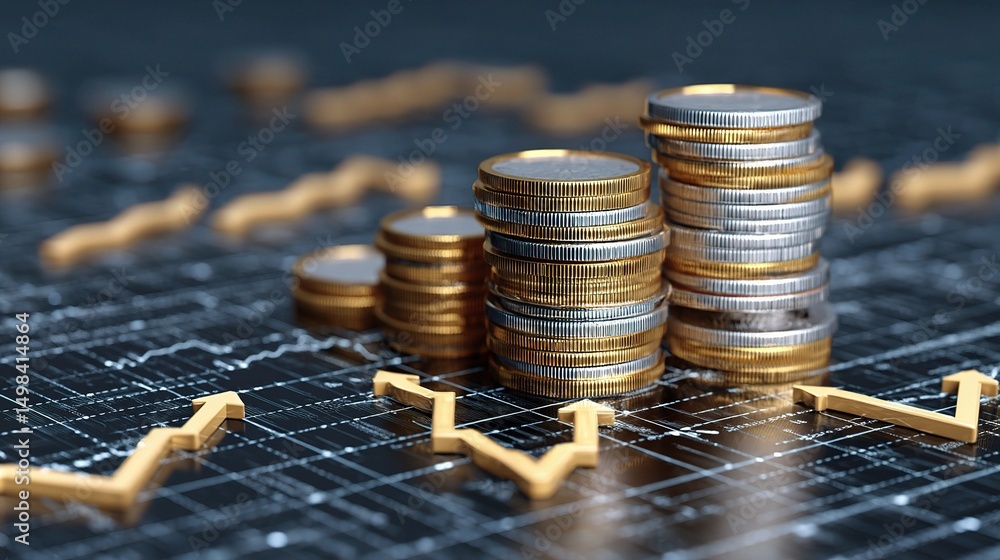 Poster stacks of virtual coins on digital grid with rising arrows