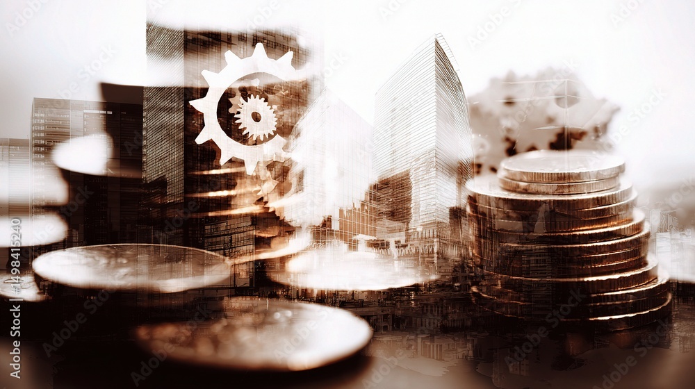 Poster rotating gears and finance symbols over stacked coins in double exposure