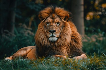 Naklejka premium lion lying on green grass during daytime