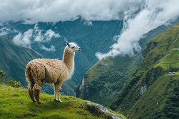 Fototapeta premium white and brown llama on green grass field during daytime