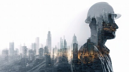 Engineers Silhouette Over City Landscape with Future Vision Concept