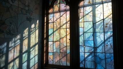 A beautiful stained glass window casting colorful shadows in an architectural interior, showcasing light and color.