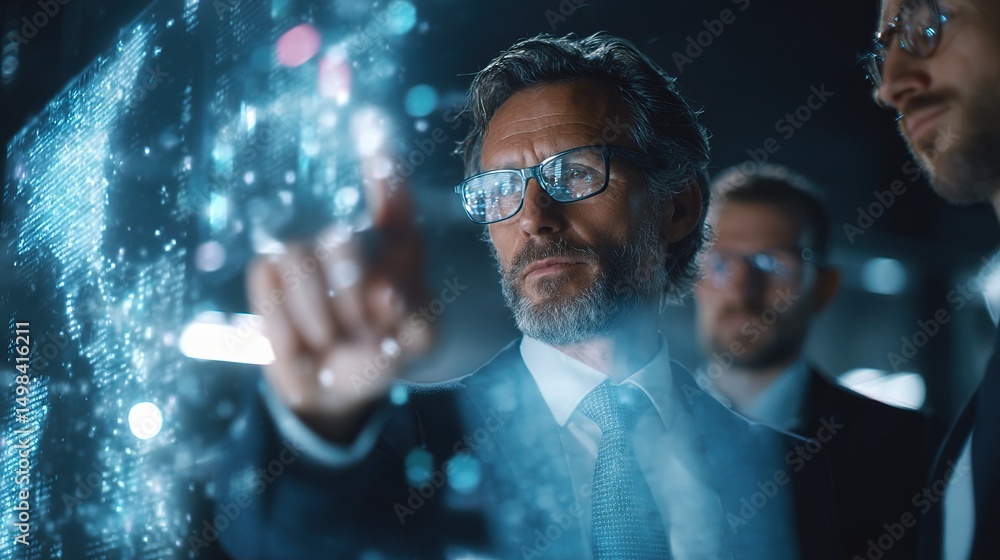 Poster businessman pointing at holographic map with graphs and data insights
