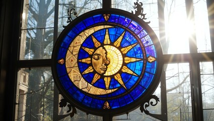 Obraz premium A beautiful stained glass window featuring the sun and moon, illuminating the room with vibrant colors.