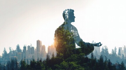 Fototapeta premium Young Entrepreneur Meditating in Nature with Urban Background