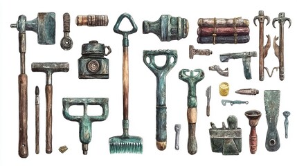 A collection of old metal tools including hammer wrench and screwdriver on a white background