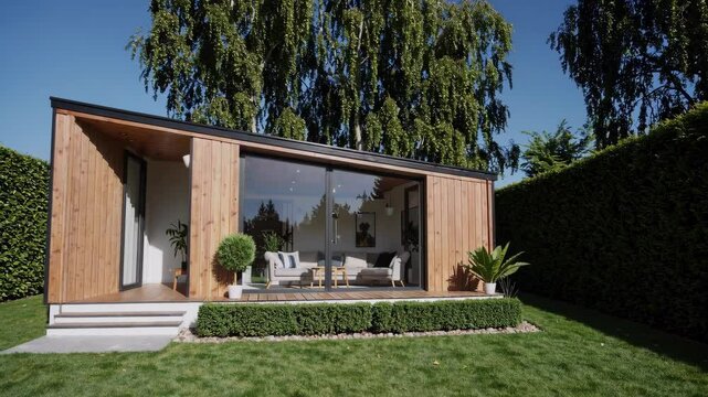 Modern wooden tiny house with large glass windows surrounded by nature on a sunny day