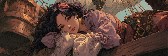 Kawaii Pirate Girl by the Ocean – Anime Manga Coastal Illustration