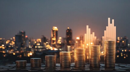 Fototapeta premium City Skyline at Twilight Merged with Stacks of Coins and Charts