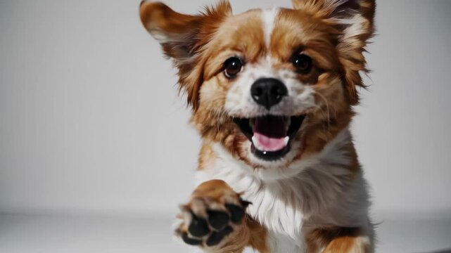 Joyful puppy bounding forward with excitement in slow motion capture