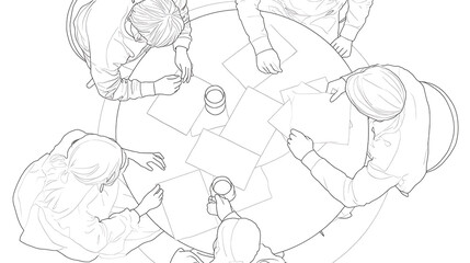 A group of people are sitting around a table with papers and cups