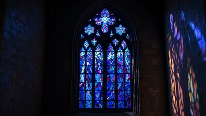 Obraz premium A stunning stained glass window casting colorful light in a historic church interior.