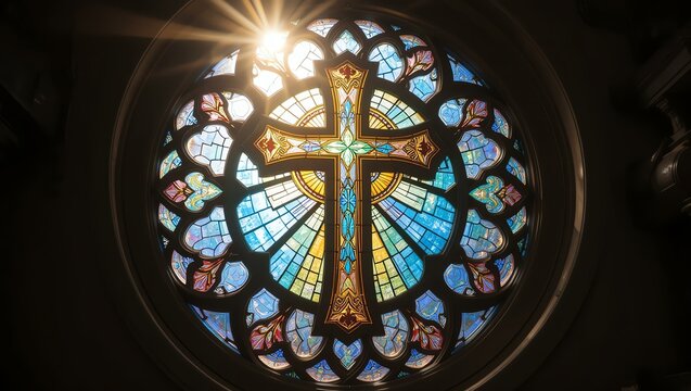 A stunning stained glass window depicting a cross, symbolizing faith and spirituality in vibrant colors.