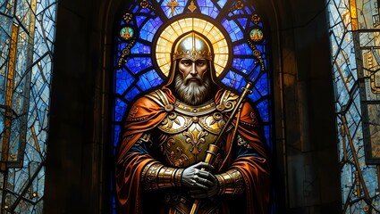 Obraz premium A stunning stained glass window depicting a regal knight, radiating majesty and spirituality in vibrant hues.