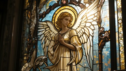 Obraz premium A stunning stained glass window featuring an angel with intricate details and vibrant colors.