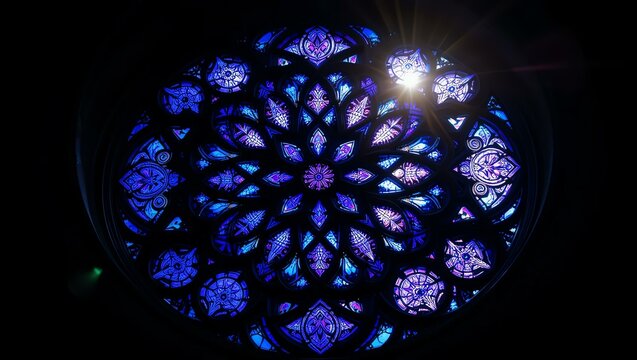 A stunning stained glass window featuring intricate blue floral patterns illuminated by sunlight.