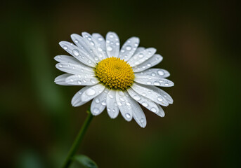 Fototapeta premium Daisy Bloom with Water Droplets Close-up on Dark Green Background