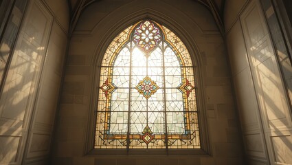 Obraz premium A stunning stained glass window illuminating the interior with colorful light and intricate designs.