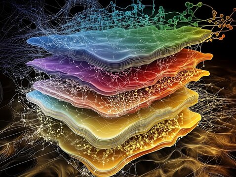 A dark grid with layered intelligence and probability graphs, a visual of a quantum neural network.