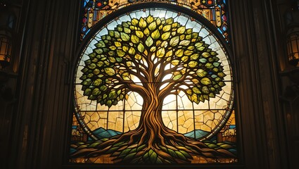 A vibrant stained glass window depicting a majestic tree, symbolizing life, growth, and nature's beauty.