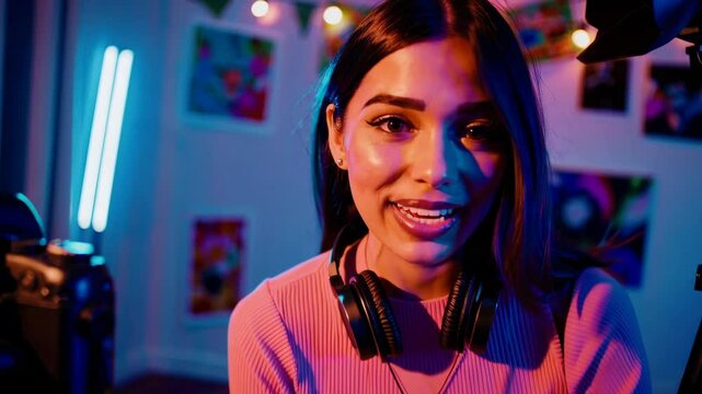 Engaging vlogger shares content creation tips in vibrant studio setting