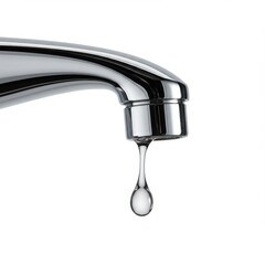 Chrome faucet with dripping drop isolated on white background. use cases: plumbing, hygiene.