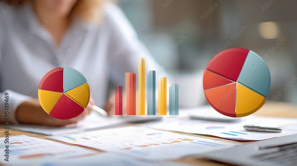 Poster hr manager evaluating resumes with pie charts and bar graphs