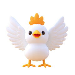 Fototapeta premium the image features a cartoonish bird with large, outstretched wings against a plain background. the bird has a plump, white body, a yellow beak, and a comb like structure atop its head