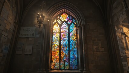 Beautiful stained glass window casting colorful light in an elegant stone interior, showcasing intricate designs.