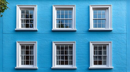 Fototapeta premium Bright blue building facade featuring six white-framed windows reflecting greenery outside