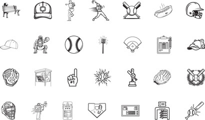 Baseball Vector ICONS ( Symbols ) in Black Outline Style | Baseball Icons, Sports App, Fan Website, Team Logo, Uniform Design, Training Manual, Poster Template, Game Invite