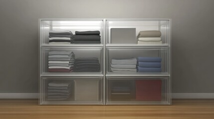 Clear acrylic storage unit with folded clothes.  Organized compartments.  Soft lighting.  Modern design.  Interior display