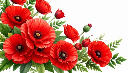 Obraz premium Bright red poppies with green leaves arranged on a white background, creating a vibrant and fresh floral composition.