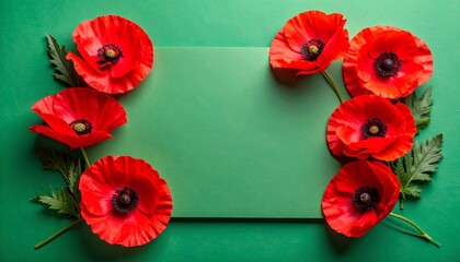 Bright red poppy flowers arranged around a blank green card on a green background, creating a vibrant and elegant floral frame.
