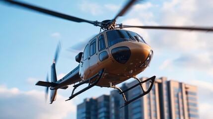 Yellow And Black Helicopter Flying In The Blue Sky With Building Background