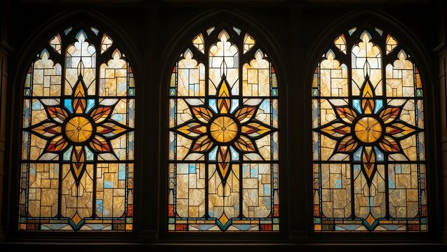 Beautiful stained glass windows featuring intricate star designs in a historic architectural setting. - Powered by Adobe